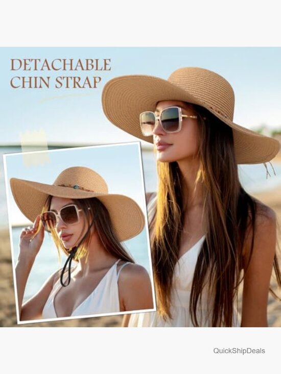Straw Sun Hat with UPF 50+ Wide Brim Adjustable Chin Strap